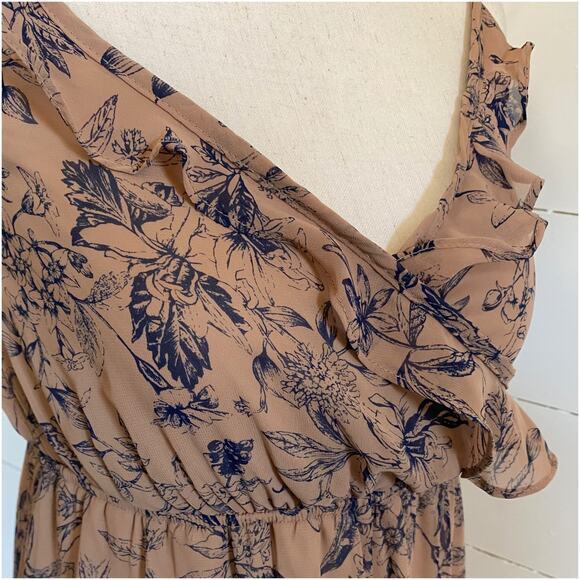 Nordstrom Soprano Brown Tan w/ Navy flowers Sheer ruffled‎ flowy dress - Picture 10 of 10